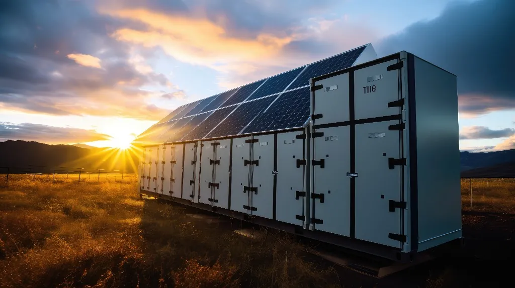 Rzęd kontenerowych magazynów energii litowo-jonowej z panelami fotowoltaicznymi o zachodzie słońca